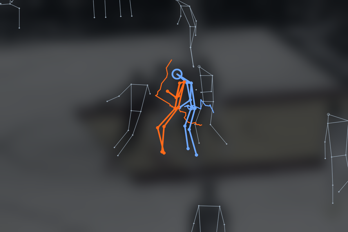 Skeleton overlay: an offensive player's screen on a defender, both skeletons overlapping at the contact point, other players in thin grey.