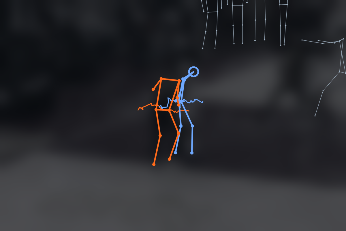 Skeleton overlay: a defender and a shooter in contact, the defender's arm across the shooter's body.